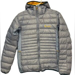 Cotopaxi Gray Puffer Jacket with Yellow Accents
